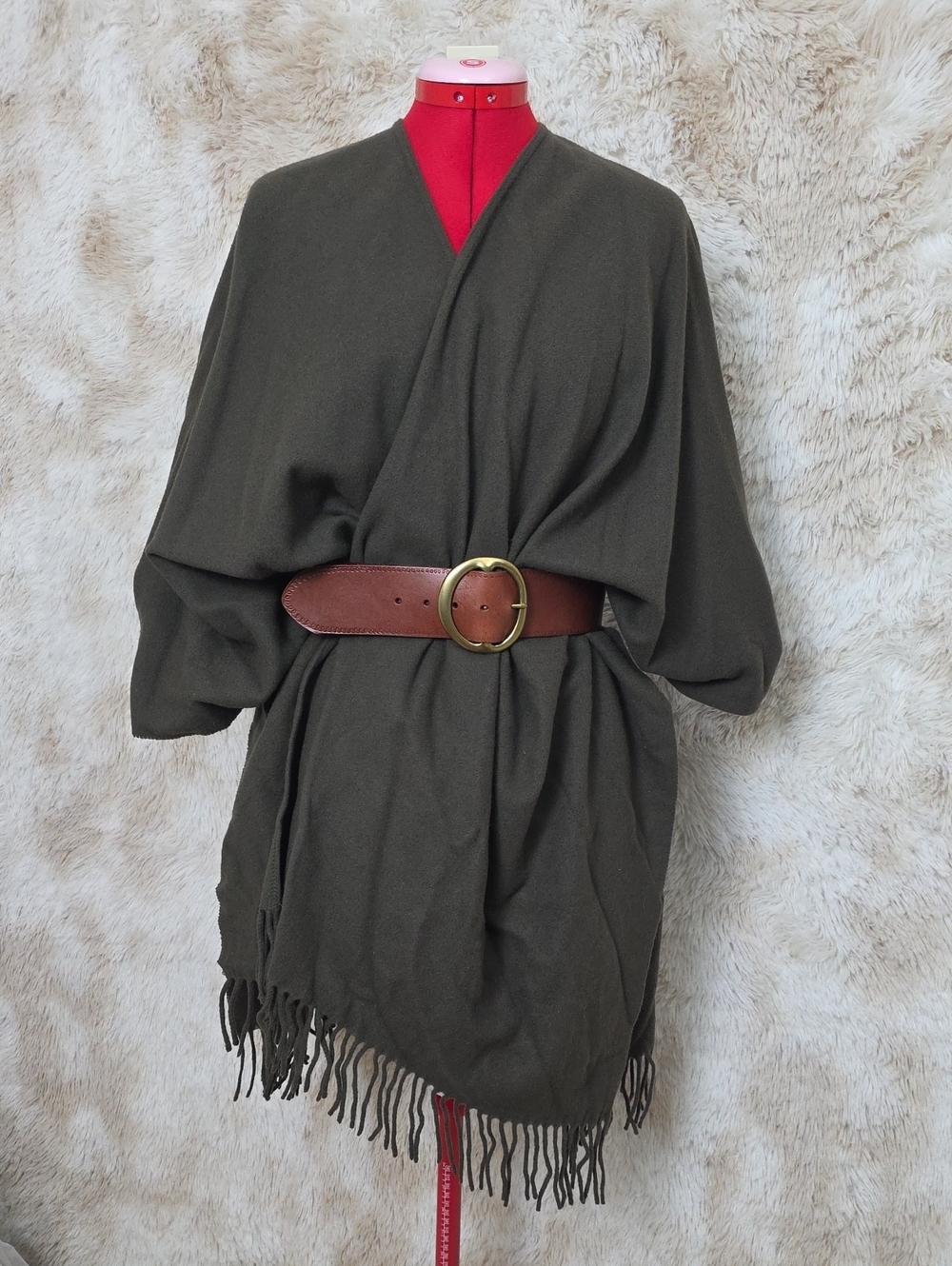 NWT Talbots 100% Wool Olive Wrap Shawl w/ Leather Belt Made in Italy OS - Picture 1 of 13